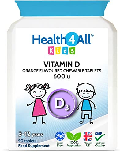 Kids Vitamin D3 600iu Chewable 90 Tablets (V). Sugar Free. Natural Orange Flavour. Made by Health4All UK