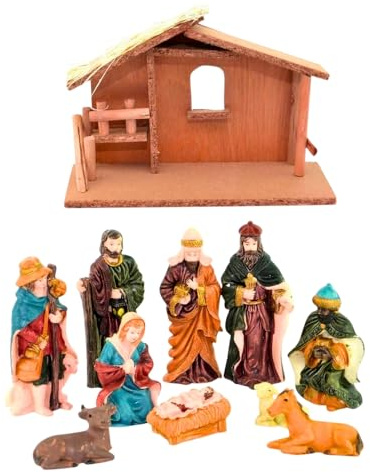SHATCHI Kleine und große handgefertigte Weihnachtskrippe, Geburt, Jesus Christus, Holzstall und 10 Stück/12 Stück Figuren, Haus-Skulptur, Weihnachtsdekoration, mehrfarbig, 10 Figuren