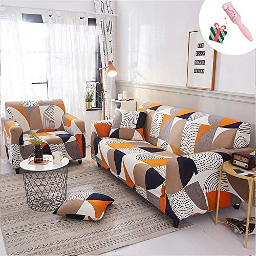 Elastisch Sofa Überwürfe Sofabezug, Morbuy Ecksofa L Form Stretch Antirutsch Armlehnen Farbe Patchwork Sofahusse Sofa Abdeckung Hussen für Sofa Couchbezug Sesselbezug (4 Sitzer,Orange Puzzle)