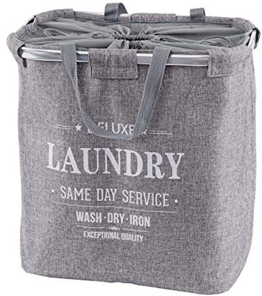 Wäschesammler HWC-C34, Laundry Wäschekorb Wäschebehälter mit Kordelzug, 2 Fächer Henkel 54x52x32cm 89l - grau