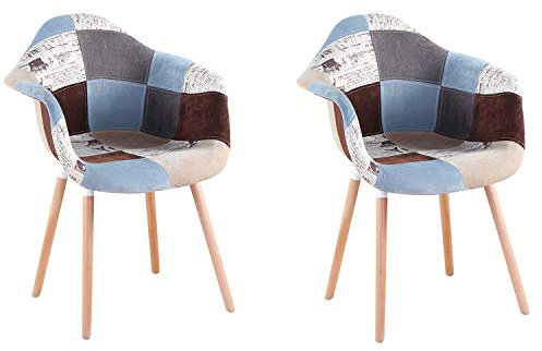 Set von 2 mehrfarbigen Patchwork Sessel Leinen Stoff Freizeit Wohnzimmer Eckstühle Empfangsstühle mit Rückenlehne weiches Kissen (Grau)