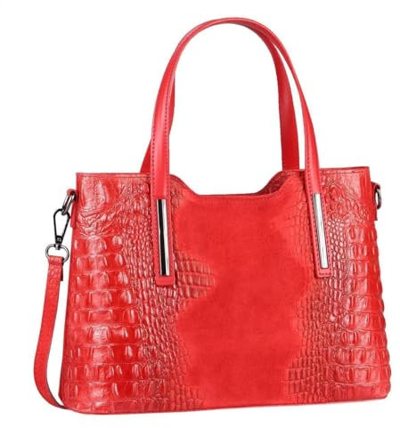 OBC Made IN Italy Damen Echt Leder Tasche Kroko-Prägung Business Shopper Schultertasche Handtasche Ledertasche Umhängetasche Wildleder Rot