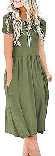 AUSELILY Summer Dresses for Women Short Sleeve Knee Length with Pockets Loose Pleated Empire Dress T-Shirt Dresses Army Green