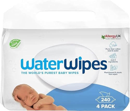 WaterWipes plastikfreie, originale Reinigungstücher für Babys, 240 Stück (4 Packungen), 99,9 % wasserbasierte Reingugnstücher, unparfümiert für empfindliche Haut