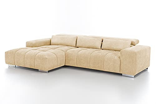 Mivano Eckcouch Orion / Großes Ecksofa mit XL-Recamiere, Kopfteilfunktion und Kissen / 307 x 73 x 186 / Mikrofaser, Beige