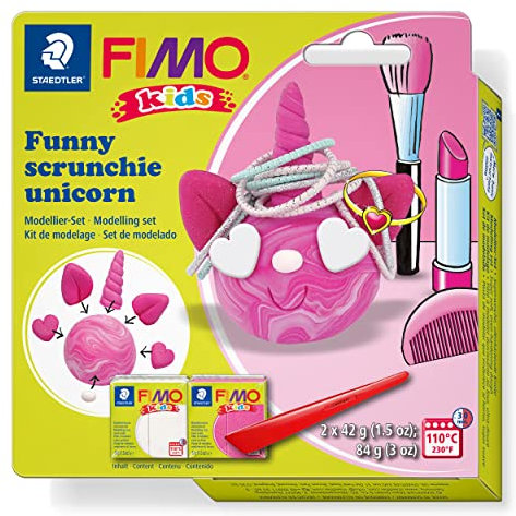 STAEDTLER Modellierset scrunchie unicorn FIMO kids, speziell für Kinder - einfach umzusetzen mit Schritt für Schritt Anleitung, 2 FIMO kids Blöcke, Modellierstab, 8035 25