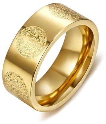 BOBIJOO JEWELRY - Bague Alliance Anneau Médaille Saint Benoît Mariage Protection Exorcisme Acier 316L Doré Or Plaqué - 15,9 (5 US)