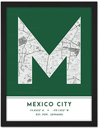 Wee Blue Coo Mexico City Mexico City Map Green Colour Block Modern Typography Stylish Letter Framed Word Wall Art Print Poster for Home Décor CITYMAP1