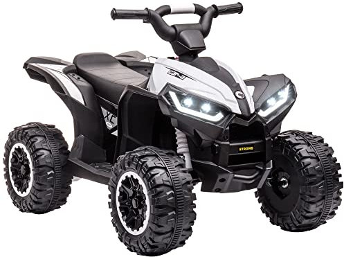 HOMCOM Quad Eléctrico para Niños 12V, Quad para Niños de 3-5 Años, con 2 Motores, Velocidad Ajustable 3-6km/h, Faros, Bocina, Música, USB, Avance y Retroceso, Blanco