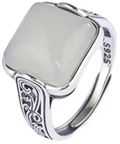 S925 Silber Vintage Silber Ring Wellenmuster Design Stein Intarsien Quadratischer Damenring Roter Achat, OZZKI, Weiße Jade