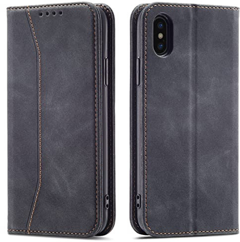 OKZone Kompatibel mit iPhone XS/iPhone X (5,8 Zoll) Hülle, Magnet Leder Tasche Handyhülle, Kartenfächer Schutzhülle, [Premium PU Leder] Flip Klappbare Stoßfeste Magnetische Standfunktion (Schwarz)