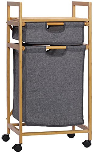 HOMCOM Cesto Portabiancheria con 2 Scomparti e Ruote, Sacchi Portabiancheria in Tessuto e Struttura in Bambù, 42x35x84.5cm