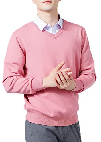 Vogrtcc Maglioni da uomo in misto cashmere a maglia con scollo a V pullover in lana maglieria maglioni vestiti, Scollo a V Rosa, S