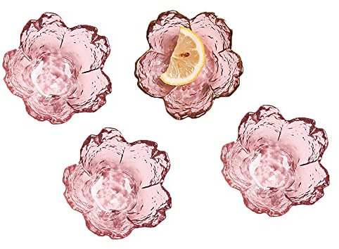 OUCONGK 4 Pièces Bols à Sauce, Mini Bol en Cristal, Petits Bol en Verre, Mini Bols en Verre Cristal en Forme de Fleur de Cerisier pour Servir la Sauce Soja, Ketchup, Salsas, Apéritifs (Rose)