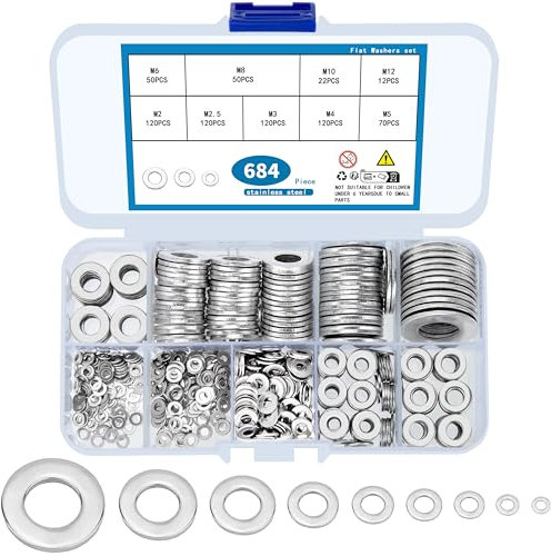 wugongshan 684 Stk Flach Unterlegscheiben Set, Edelstahl Beilagscheiben Sortiment Set, 9 Größen Flach Sicherungsscheiben Karosseriescheiben für Schrauben Muttern - M2 M2.5 M3 M4 M5 M6 M8 M10 M12