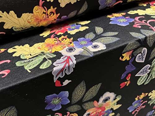 Soft Touch Stretch Spandex Single Jersey Stoff Meterware - Flourish Floral Print - Schwarz mit mehrfarbigen Blumen