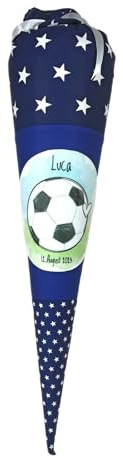 Schultüte aus Stoff blau mit Name Fußball Zuckertüte 70cm oder 85cm marineblau