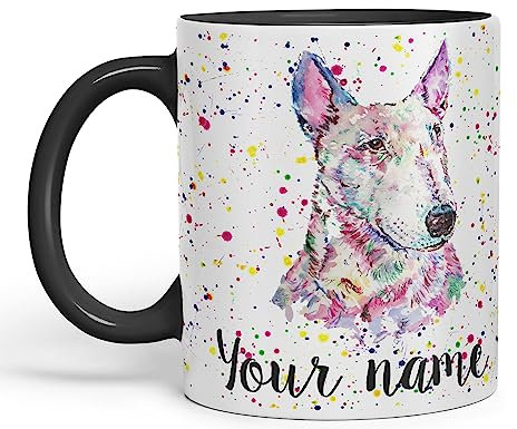 Vixar Personalised with Your Text Bully English Bull Terrier Dog Pet Animals Watercolour Art Coloured Ceramic Mug Cup Gift 330ml 11oz Custom Work Office Tea Coffee (Black)