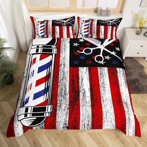 feelingyou Amerikanische Flagge Bettbezug Set M, Retro USA Flagge Tröster Bezug mit 1 Kissenbezug, Friseur Frisur Thema Neon Licht Tagesdecke für Jungen Teens, Kissen Sham