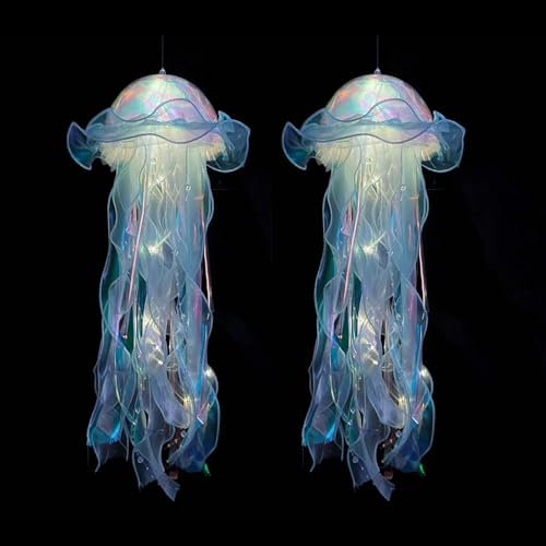 MODOAO Glitzer Schillernde Quallen Licht, 2 Pack Blau Leuchtende Quallen Lampe, Tragbare Hängende Quallen Atmosphäre Dekorative Lampe, Quallen Laterne für Haus, Garten, Schlafzimmer, Aquarium
