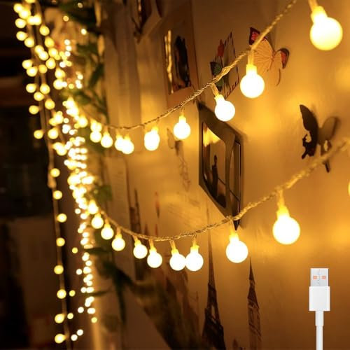 Bigzom USB Lichterkette Innen,7M 40LED Globe Lichterkette USB,5V Lichterkette Warmweiß, IP65 Wasserdichte Lichterkette Außen für Zimmer, Hochzeiten, Balkon, Garten, Partys, Weihnachten Deko