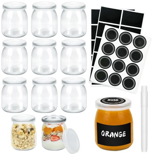 Loyaboho 12 Vasos Yogurtera con Tapa, 200 ml Tarros de Cristal con Tapa, Botes de Cristal con Tapa Tapa Para Pudín y Yogur, Vasos Yogurtera de Cristal Con etiqueta y bolígrafo