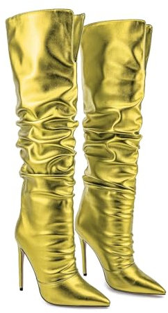 THOYBMO Tacchi Alti High Heels Stivali Alti Donna Stivali Punta Spillo Forma di V Morbidi Stivali Sopra Ginocchio Slip On Scarpe Décolleté Festa,Yellow(10CM),37