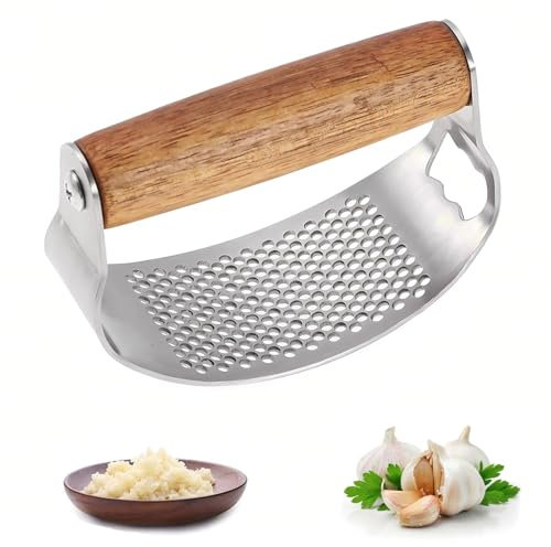 Fhioevt Presse Ail Inox Presse ails a Bascule Ecrase ails Manuel Broyeur ail à Bascule en Acier inoxydable avec Manche en Bois et conception Ouvre Bouteille Presse-ail de Cuisine (Argent)