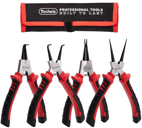 Toolwiz Set di 4 pinze per anelli elastici, 170 mm, pinze per anelli di sicurezza interne ed esterne, diametro della punta 2 mm, pinza per anelli dritti e curvi