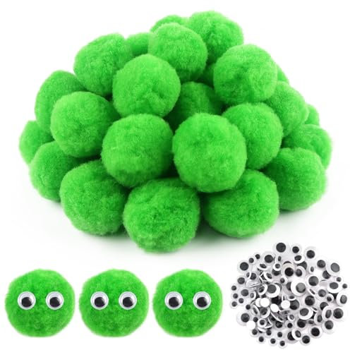 TOAOB 50 Stück Pompons zum Basteln Groß 5 cm Hellgrün Pompom Flauschigen Plüsch Bälle Kunst Bommel mit Selbstklebend Wackelaugen für Dekorieren Verzieren Nähen DIY Lustige Kreativen Handwerk