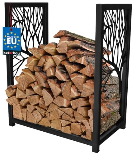 KOTARBAU® Kaminholzregal für innen & außen - 50 x 30 x 60 cm - Holzregal - Kaminholz Aufbewahrung - Brennholzregal - Dekorativ & Modern - pulverbeschichteter Stahl - Baummuster - Schwarz
