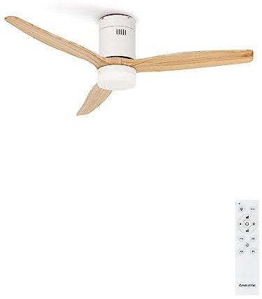 CREATE / WINDCALM SPECIAL EDITION/Ventilador de techo con luz blanco madera natural y mando / 40W, Silencioso, Ø132 cm, 6 velocidades, temporizador, función verano-invierno