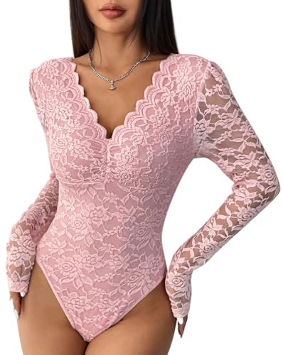 Minetom Femme Body Sexy Col V Manches Longues Moulant Shirt Haut Top Combinaison Couleur Unie Dentelle Bodysuit Jumpsuit Clubwear H Rose M
