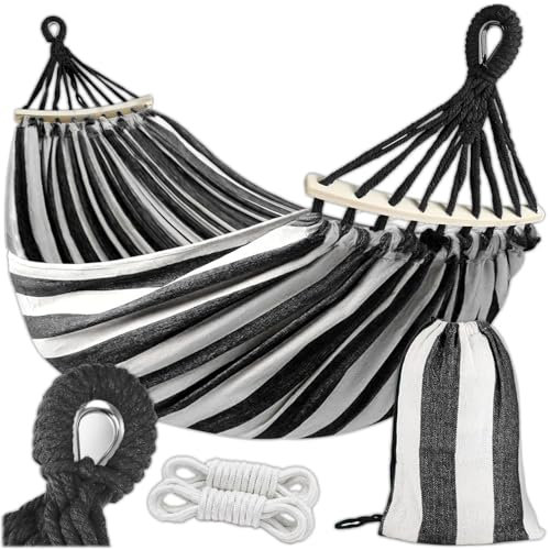 KRUMAD Hängematte 260 cm, Belastbar bis 250 kg, Wetterfest, Baumwoll-Polyester, für Garten, Balkon, Camping, mit Holzstreben & Tragetasche (Schwarz-Weiß, Ohne Gestell)