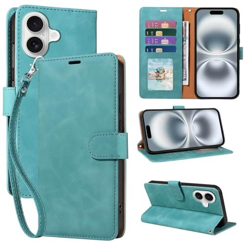 GOTOURED for iPhone 16 Case Wallet, [RFID Blocking 4 Card Slots] [Wrist Strap] [Kickstand] [Magnetic Closure] Shockproof Protective Leather Flip Cover Phone Case for iPhone 16 (Green)