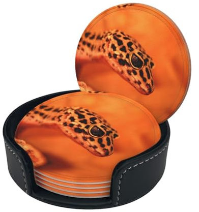 Leopard Little Gecko Leder-Untersetzer-Set für Getränke, hitzebeständig, wasserdicht, mit elegantem Druck-Design, mit Aufbewahrungsbox (Zuhause, Büro, Bar-Zubehör), 6 Stück
