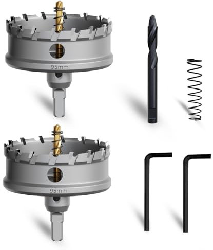 METOTY 2 Stück 95mm lochsäge metall，Hartmetall Lochsäge,Hartmetall Bohrer,mit Ein zusätzlicher nitrierter Stufenführungsbohrer gratis und L-Wrench,für Stahl Eisen Aluminum Metall