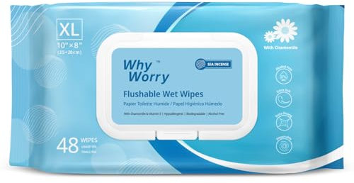 WhyWorry Flushable Wipes for Adults, Extra Large 20x25 cm Flushable Toilet Wipes with Chamomile & Vitamin E, Moist Toilet Tissue Sensitive, 100% Plant-Based, Septic & Sewer Safe, Sea Incense, 48 Count