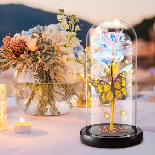 Fohil Rose Eternelle sous Cloche,Cadeau Belle Mere,Fleur Eternelle Lumière LED Un Dôme,Enchantée Ornement la Belle Et la Bête Papillons Cadeaux Anniversaire pour Les Femmes,Maman,Fille,Coloré