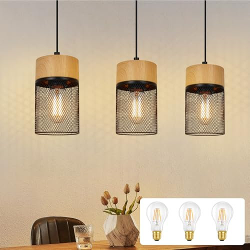 GBLY Hängelampe Vintage Pendelleuchte Esstisch: 3 Flammig Hängeleuchte mit 3 Birnen Schwarz Holzmaserung Wohnzimmer Esszimmerlampe Industrial MAX.25W Esstischlampe für Schlafzimmer Küche Bar Flur