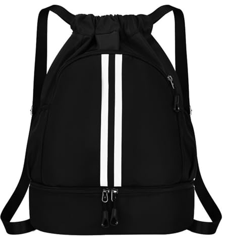 Sportrucksack Wasserdichter Verstellbarer Mode Sport Rucksäcke Sportbeutel Turnbeutel Große Kapazität Basketball Fussballtasche Mit Bodenfach Und Breit Kordelzug, für Damen Herren Junior(Schwarz)