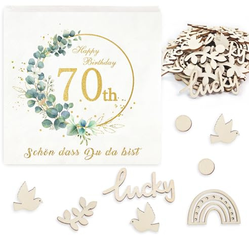 70 Servietten Geburtstag Set,32 Stück Geburtstagsservietten 'Happy Birthday mit Streudeko,3-Lagig Schön Dass Du Da Bist Servietten Eukalyptus Grün für Tischdeko 70 Geburtstag Deko Mann Frau Party