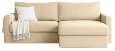 Friderik FARO MINI Ecksofa mit Schlaffunktion & Stauraum – Kompaktes Schlafsofa mit HR-Kaltschaum & Wellenfederung – Leichter Aufbau – moderner Faro Stoff – 224×140 cm (Creme, Rechts)