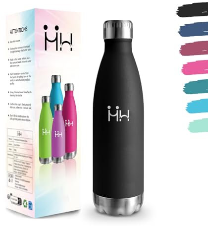 Botella Agua Acero Inoxidable, 500 ml Libre de BPA, Botella Termica, 18/8 Acero Inoxidable, Botellas Agua, Aislamiento al Vacío de Boble Pared, Cantimplora Acero Termica para Cámping - Negro