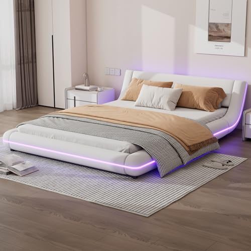 RIAZOS LED Polsterbett 140x200 cm mit Lattenrost, Bodenbett Kunstleder - Bogendesign Bett Jugendbett Bettgestell Doppelbett, ohne Matratze, weiß