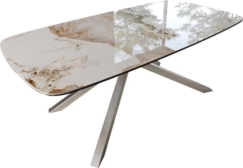 DELIFE Esszimmertisch Edge Boot Keramik Minas Melange Weiß-Beige 200x100 | Kreuzgestell Rechteck Edelstahl