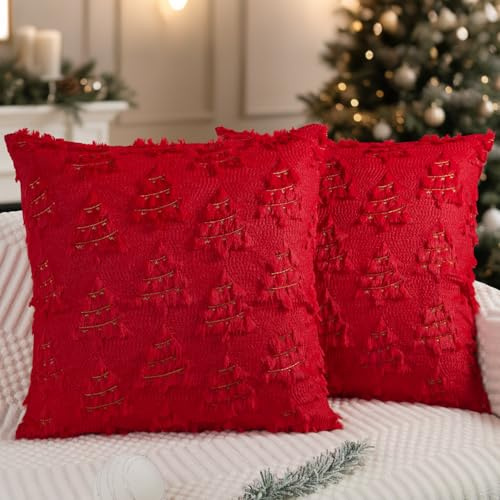 Miaikoe Weihnachtskissenbezüge 45x45 cm 2er Set Dekorative Wollkissenbezug Weiches Plüsch Fälschungsfell Weihnachtsbaum Goldene Linien für Feiertage Winter Wohnzimmer Sofa Rot