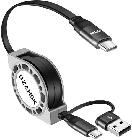 UZAHSK Câble de charge rétractable de 4 FT USB C avec fonction de charge rapide et câble de charge USB C vers USB, 60 W Câble USB vers USB C pour iPhone, Android, tablette - Gris