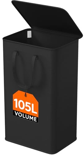 Lifewit 105L Laundry Basket with Lid, Washing Basket with Handles, Foldable Laundry Bin, Laundry Hamper Dirty Clothes Bin Storage for Bedroom Accessories, Black