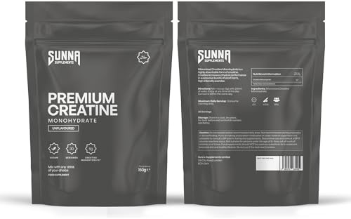 SUNNA SUPPLEMENTS Premium Creatine Monohydrate Powder - 150g - Unflavoured | 100% Pure Micronised Creatine Monohydrate, Strength Support, No Flavours - Sweeteners or Fillers, Halal, Vegan, 5g Serving